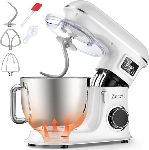 Zuccie Batidora Amasadora 1500W 8L Amasadora Reposteria 6 Velocidades Robot de Cocina Pantalla LCD & función de fermentación con Amasador, Batidor, Varillas y Protección para Salpicaduras (Plateado)