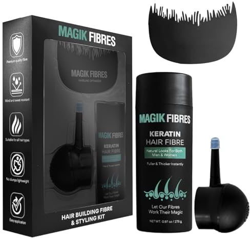 Magik Fibres Hair Fibres & Styling Kit for Men & Women with Spray Applicator & Hairline Optimizer, Keratin Hairline Powder for Thinning Hair, Instant Volume, Sweat Resistant (Dark Brown)
