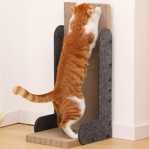 FUKUMARU Griffoir pour Chat, 68 cm en Forme de L Grattoir Mural Moderne en Carton pour Chats d'Intérieur, Poteau à Gratter Vertical en Feutre, Protège-Meubles, Gris