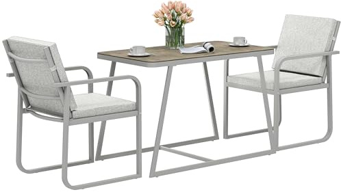 Outsunny Sitzgruppe 3-teilig Essgruppe Glastisch für 2 Personen mit 2 Stühlen Sitzkissen Küchentisch-Set mit Esstisch Esszimmergruppe Gartenmöbel Balkonmöbel für Esszimmer, Terrasse Balkon Hellgrau