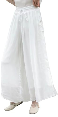 Jupe large brodée pour femme - Style chinois - Grande taille - Taille haute élastique - Double couche - Jupe-culotte fluide - Longueur 3/4 - Palazzo d'été pour un usage quotidien décontracté, blanc