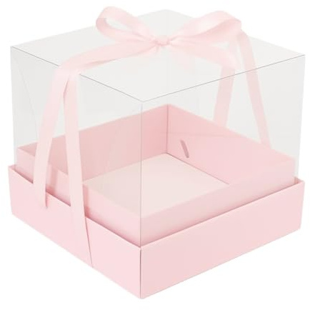 The Baked Studio - Mini Cake or Bento Cake Box & Board Set – 20x20x17cm – Premium Clear Display Gift Packaging with Base & Lid (Light Pink)