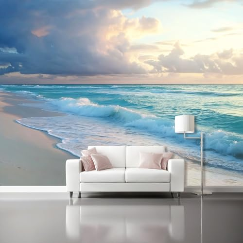 Papel pintado Vista al mar Atardecer Fresco Junto al mar Fotomurales Pared Tejido No Tejido Decorativos Murales Fotográfico Azul Naranja Moderno Decoración de Paredes 300 x 210 cm