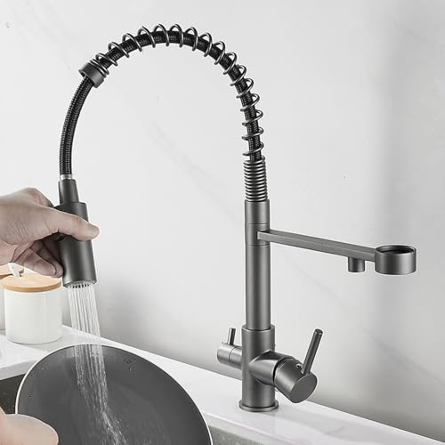 3 Wege Armatur Küche Spülenarmatur Flexibel Reines Wasser Kalt und Heiß Messing-Grau