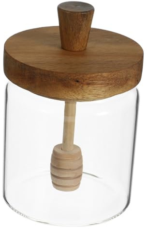 Hohopeti Glass Honey Jar with Wooden Lid and Dipper Honey Pot Container for Syrup Jam Storage Easy-clean Compact Dispenser for Kitchen and Dining Table Use