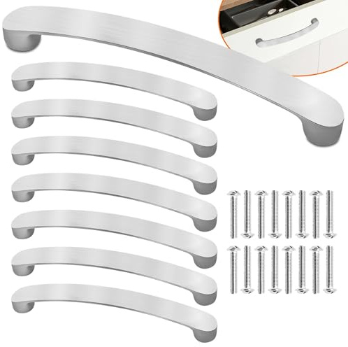 Leyrens Poignée de Meuble Cuisine Argent, Lot de 8 poignées de meuble en nickel brossé avec espacement des trous de 128 mm, poignée de Cabinet Arch Pull, poignée Tiroir pour Penderies, Tiroirs