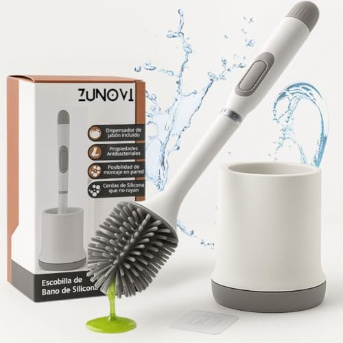 Escobilla de baño con dispensador de jabón | Cepillo Inodoro de Silicona | Diseño Moderno y ventilado con Soporte para Pared |Escobillero WC higiénico (Blanco)