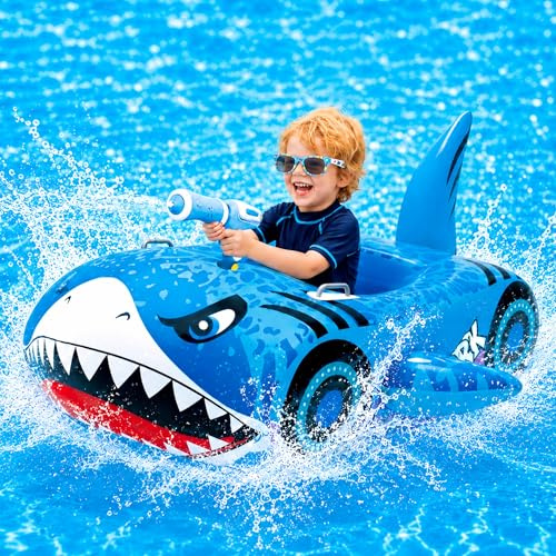 Shark Inflatable Pool Float with Water Gun for Kids, Ride-on Shark Pool Toys for Boys, Built-in Squirt Gun Unlimited Ammo, Thickened PVC, Stable Base, Summer Outdoor Beach Swimming Gift Ages 3-8