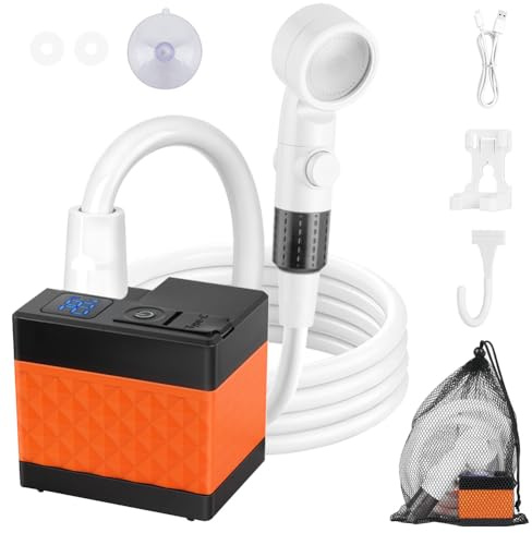 Adiwo Doccia da Campeggio, Doccia Portatile Ricaricabile, kit di lavaggio impermeabile ricaricabile, 6000 mAh Batteria, Tubo 2 m, 3 modalità di spruzzo regolabile per Spiaggia, Auto, Animali, Giardino
