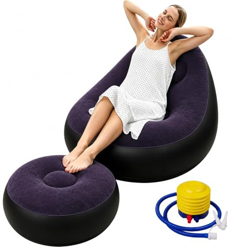 Shyllin Luftsofa, Campingsofa mit Fußhocker (2, Marineblau Schwarz,1 Person | Tragbare Flocking Aufblasbare Couch, Aufblasbarer Sessel, Pool Sessel, Airlounge, Sitzsack Outdoor, für Camping, Zuhause
