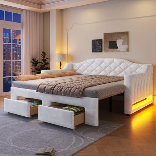 BTM Tagesbett 90x200 bis 180x200 Ausziehbett Gleiche Höhe Schlafcouch Ausziehbar mit 2 Schubladen und LED-Beleuchtung Weiß