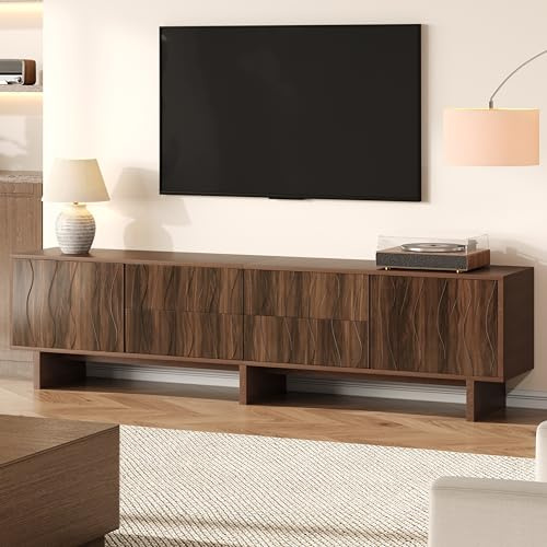 FammyLoft Mueble de TV de hasta 75 pulgadas con diseño ondulado, mueble bajo para TV con 4 cajones, mueble de televisión con 2 puertas de armario, mesa de TV, mesa de TV para salón, 180 cm, nogal