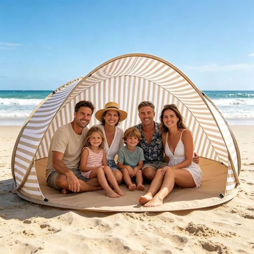 Pop-up Strandmuschel UV Schutz 50, 2-3 Personen Groß Strandzelt 1kg-Leicht & Tragbar, Wasserdicht Sonnenbeständig Atmungsaktiv,120x100cm, für Wanderausflug Strand Camping (Braun_185X85cm)