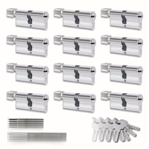 Lot de 12 cylindres pour serrures 40/40 mm, cylindre avec bouton, vis et clés incluses, montage facile, serrure pour portes et garage, anti-perçage, clé unique, longueur 80 mm