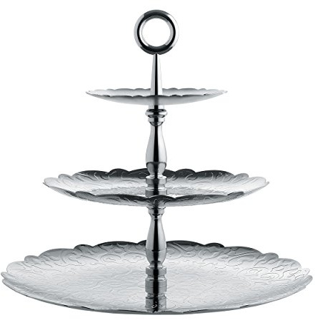 Alessi MW52/3 Dressed for X-Mas Etagere mit DREI Ebenen aus Edelstahl 18/10 glänzend poliert mit Reliefdekor, Stahl, Silber, 34 x 34 x 31.00 cm