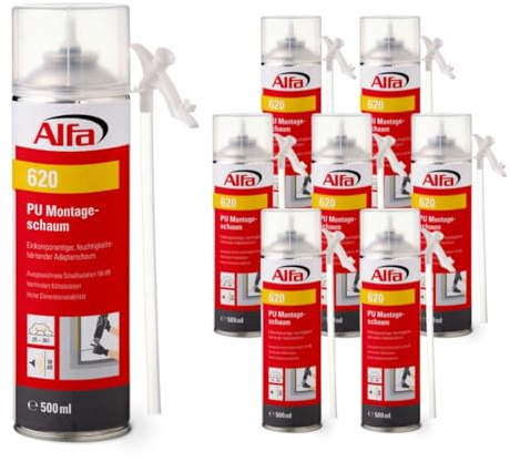 8x Alfa Einkomponentiger, feuchtigkeitshärtender Adapterschaum 500 ml Montageschaum