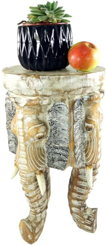 GURU SHOP Blumenbank, Hocker, Dreibeiniger Beistelltisch, Dekoobjekt, 50 cm | Handgeschnitzter Elefantenkopf, ideal für Pflanzen oder Sitzgelegenheit, liebevolle Handarbeit, einzigartiges Dekoobjekt
