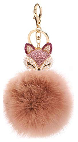 Canarea Schlüsselanhänger plüsch ball Taschenanhänger strass bommel Keychain Elegant Plüsch-Kugel Auto-Anhänger Pompom Dekor Weich Schlüsselring Fox Kopf mit Strass Perle (# 11)