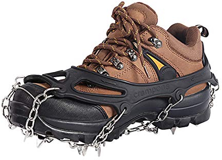 Frestepvie Schuhspikes mit 18 Zähnen Schneekette für den Stiefel Steigeisen für Bergschuhe Schwarz Orange auf EIS und Schnee für Damen Herren (Schwarz, L)