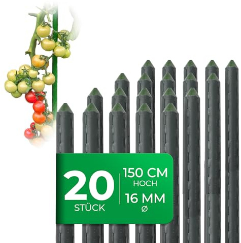 Novatool 20 Stück Pflanzstäbe 150cm grün 16mm ⌀ sehr stabil Metallrohr kunststoffummantelt Rankstäbe für Pflanzen Rankhilfe Gurken Tomatenstäbe für Kletterpflanzen Rankstab Pflanzstab 150 cm