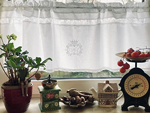 Leinenshop24 Bistrogardine Kurzgardine Weiß mit Spitze 100% Baumwolle 140 x 45 cm Landhaus Shabby Retro Cafe de Paris French Vintage