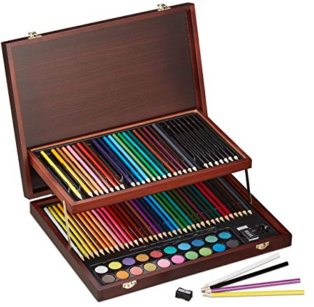 Relaxdays Malkoffer Deluxe für Erwachsene Maletín de Dibujo, 73 Piezas, Set de Pintura, Lápices, Colores, Acuarelas, Pincel, Sacapuntas y Goma, Burdeos, 5 x 38,5 x 29,5 cm