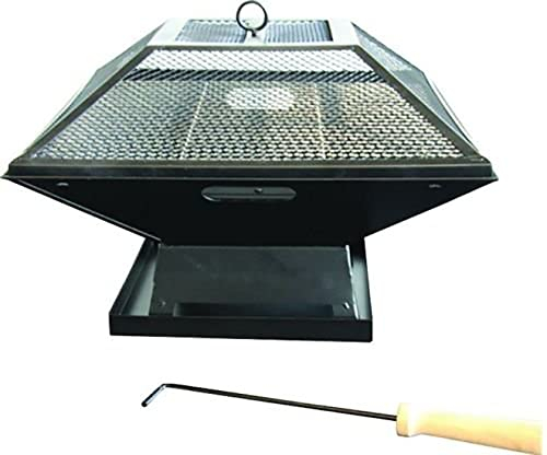 garden mile® Foyer carré avec grille de barbecue et tisonnier - Chauffage de jardin en métal - Noir - Barbecue - Décoration de terrasse - Foyer portable - Couvercle en maille