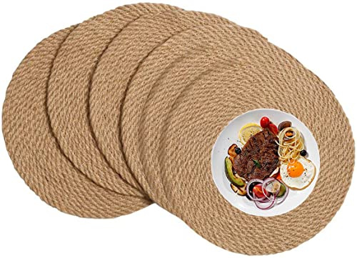 Jevina Tischset Rund Untersetzer Teller 6er Set Tischset Rund Geflochten Handgefertigte BesttNdige Dicke Hot Pads Matten 30CM
