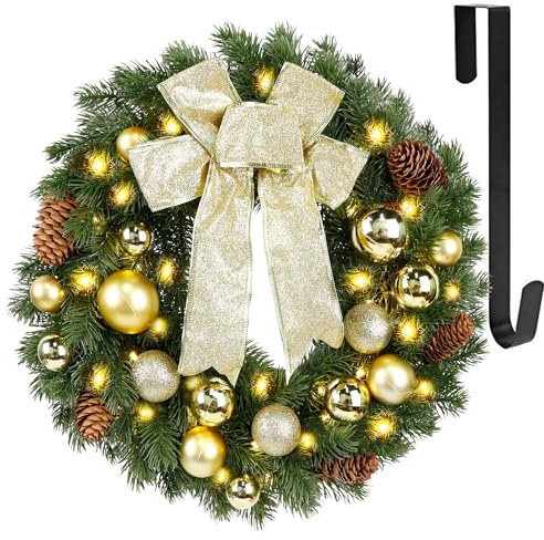 Hausse Lighted Christmas Wreath with Metal Hanger, Pre-lit Xmas Wreath with Large Golden Bow & Balls, Battery Operated with 40 LEDs Lights, for Front Door Gate Wall Christmas Party Decorations