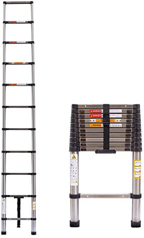Teleskopleiter 3,2m Teleskopleiter aus Edelstahl,11 Sprossen,Stehleiter, Klappleiter, Ausziehleiter, Geeignet für Arbeiten im Innen- und Außenbereich, Kapazität 150 kg