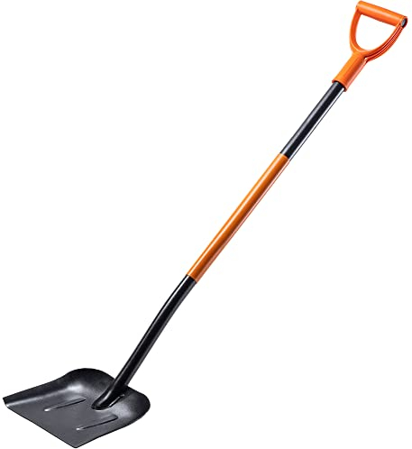 KADAX Schaufel, Sandschaufel mit einem Metallgriff, Bauspaten aus gehärtetem Stahl, wiederstandfähige Bauschaufel, Gartenschaufel, Flachrandschaufel (mit D-Griff, schwarz/orange)