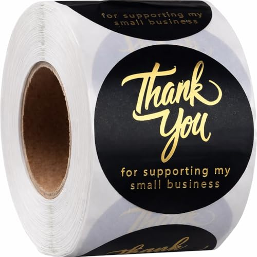 500 Thank You for Supporting My Small Business Stickers – 1.5 Inch Black and Gold Foil Round Labels – 4 Fonts – Waterproof Self-Adhesive Seals for Packaging, Envelopes, Boxes, Orders & Gift Bags