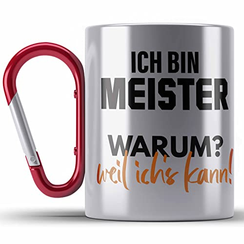 Trendation - Meister Prüfung Bestanden Geschenk Meisterprüfung Edelstahl Tasse Karabiner Mann Metallbauer Dachdecker Maler Elektrotechnik Elektronik Schreiner (Rot)