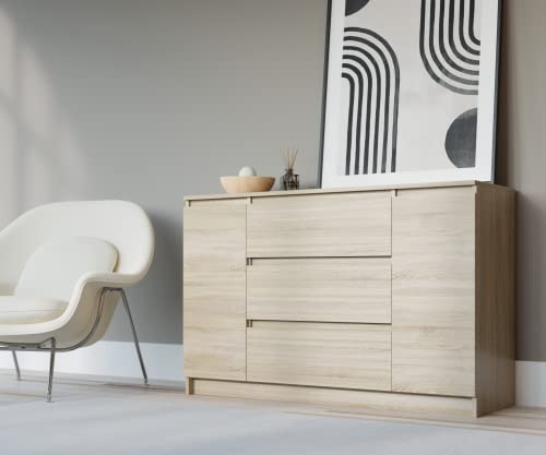 3xE Living Kommode 140 cm mit 2 Türen und 3 Schubladen in Sonoma Eiche - 140 x 78 x 39 cm (B/H/T)