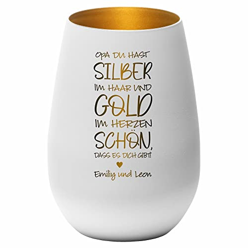 4youDesign Windlicht Enkelgeschenk Personalisiert Opa Du hast Silber im Haar..(Metall-Weiß-Gold), Glas mit Spruch für Großmutter mit Namen der Enkelkinder, Geschenkidee zum Geburtstag,
