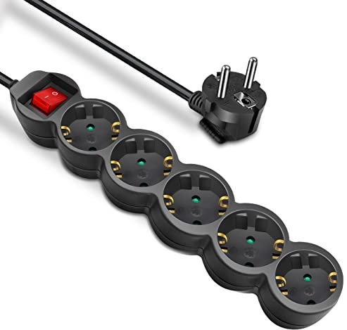 EXTRASTAR Regleta de enchufes con 5 Tomas, Alargador con Cable de 3 Metros e Interruptor, Negro