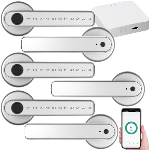 VisorTech Tür Beschlag: 3er-Set Sicherheits-Türbeschlag mit Fingerabdruck-Scanner,WLAN-Gateway (Fingerabdruck Türöffner aussen, Elektro Türgriff)