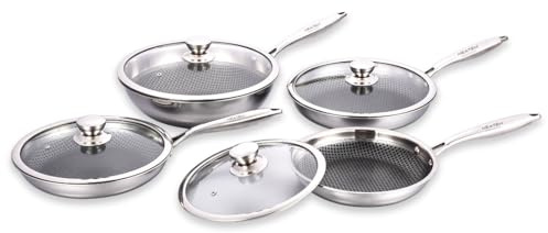 HEATEK ® Juego de 3 sartenes + Wok | Sartén antiadherente de acero inoxidable de triple capa con tapa de cristal | Antiadherente y antiarañazos | Apta para todas las placas de cocción (Heatek Set)