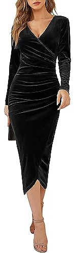 CheChury Abito da Donna in Velluto a Maniche Lunghe con Scollo a V Abiti Tubino Elegante e Raffinata Vestito in Velluto per Festa Cerimonia Cocktail Invernale da Cocktail da Festa