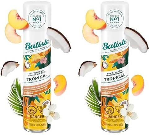 Batiste Dry Shampoo in Tropical 200ml, Coconut & Floral Fragrance, No Rinse Spray to Refresh Hair in Between Washes (Pack of 2)