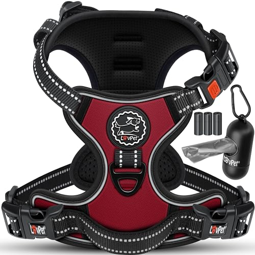 LOVPET® Hundegeschirr ohne Zug & Würgen für kleine Hunde & Welpen atmungsaktiv & weich Brustgeschirr reflektierend | No-Pull-Geschirr inkl.Beutelrollen | Verstellbares Geschirr mit Griff Bordeaux - XL