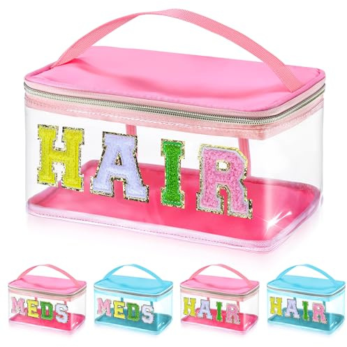 libfrnt Chenille Letter Clear Makeup Bags, Preppy Pink Hair Bag Chenille Patch Makeup Bag Travel Cosmetic Bag with Handle Zipper Waterproof TPU Hair Accessories Organizer Pouch for Women Girl