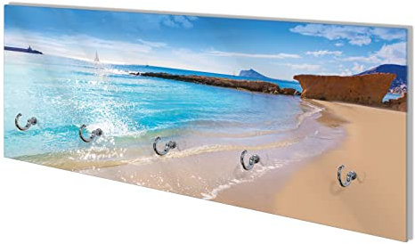 Wallario Wandgarderobe aus Glas in Größe 80 x 30 cm mit Memoboard-Funktion, Motiv: Traumstrand unter blauem Himmel | 5 Kleiderhaken zum Aufhängen von Jacken