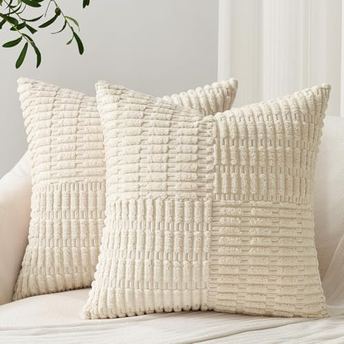 Topfinel Cushion Covers 45 x 45, Chained Corduroy Patchwork Design, Bedroom Living Room Beige Thow Pillow Cases with Smooth Invisible Zip, Boho Decorative Square Pillowcases for Sofa Bed, Set of 2