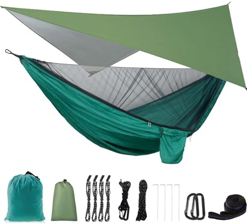 Camping Hängematten Camping-Hängematte mit Netz-Zelt-Baumgurten, tragbare Einzel-Doppel-Fallschirm-Hängematte aus Nylon für Reisen Hängematte Outdoor(Color:Drak Green)