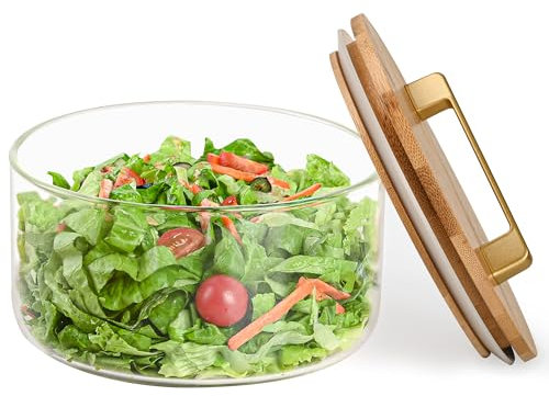 YUBAMIN Insalatiera in vetro con coperchio, ciotola in vetro con coperchio per insalate, ciotole da portata con coperchio, ciotola in vetro per piccole famiglie, mantiene il cibo fresco, adatta al