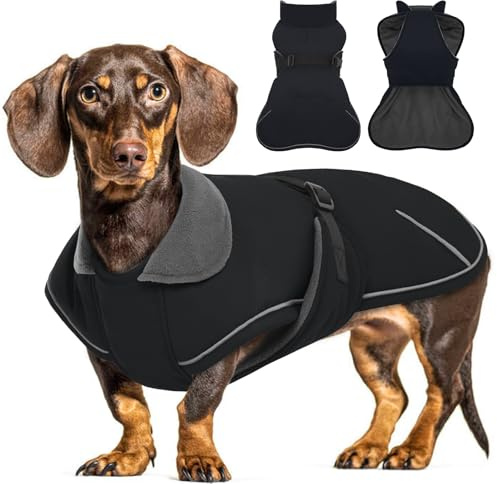 Hjyokuso Hundemantel Dackel, Winddichter Wasserdichter Wintermantel Für Dackel Hunde, Hundejacke Für Kleine Hunde XS, Hundemantel Winter Mit Bauchschutz Und Leinenloch, Winterjacken Für Hunde-Schwarz