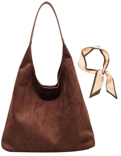 Brown Suede Hobo Bag Leather Slouchy Satchel Crossbody Purse Tote for Women (Coffee, 14.2 x 12.2 x 5.1 cm)