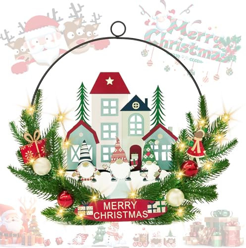 Vleuexe Ghirlanda natalizia per porta,Ghirlanda Natalizia con luci,Ghirlanda per Porta con Scritta Welcome,Decorazioni Natalizie da Appendere,Fuori Porta Natalizio,Negozio Hotel Finestra (29 cm)