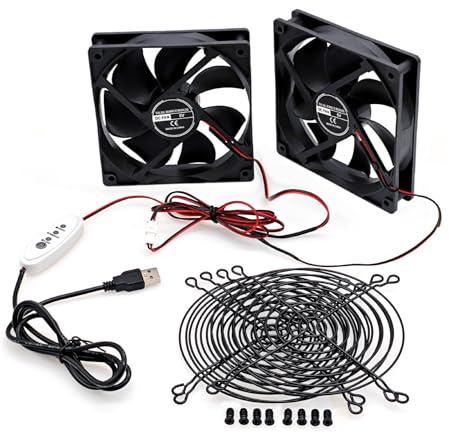 JZK 120x120x25 mm Geschwindigkeit einstellbar Geräuscharmer Doppel USB Lüfter DC 5V mit Gittern, 1200 rpm, 0.06A, 12025 bürstenloser Lüfter 120mm für Eismaschine, Heizlüfter, 12cm PC-Gehäuselüfter